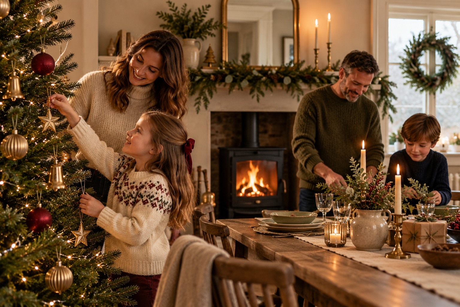 Family decorating a Christmas tree and setting a festive table in a cosy country home, featuring elegant brass decorations, natural greenery and warm candlelight, inspired by Feather & Twigs Christmas 2026 Collection.