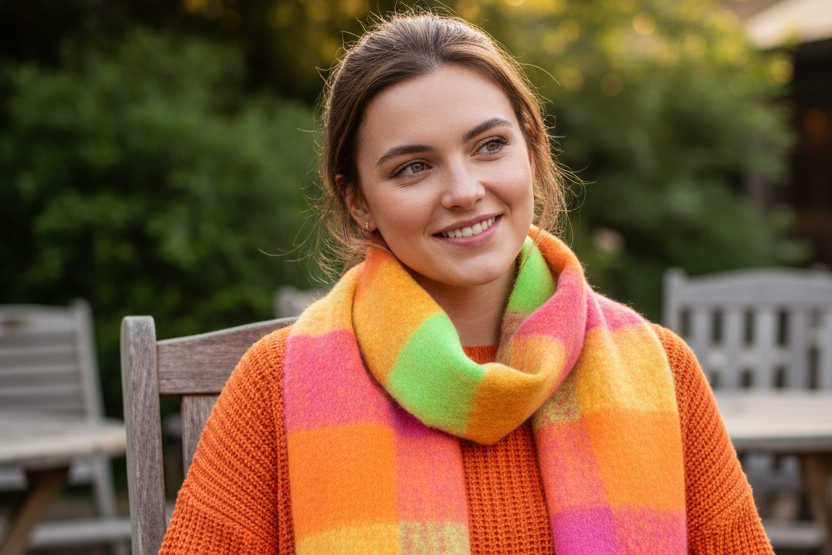 Woman wearing a multicolour scarf wrapped around her shoulders and orange jumper