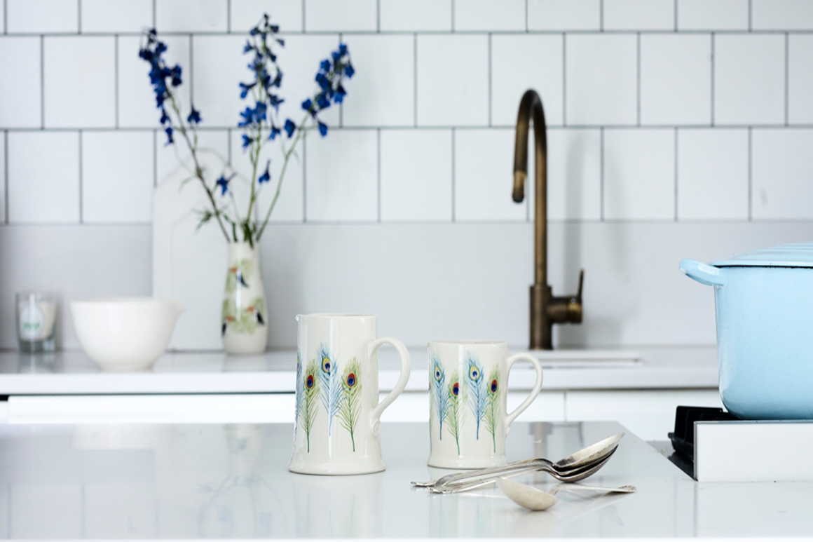 Two jugs small and large with peacock feathers on a kitchen worktop 