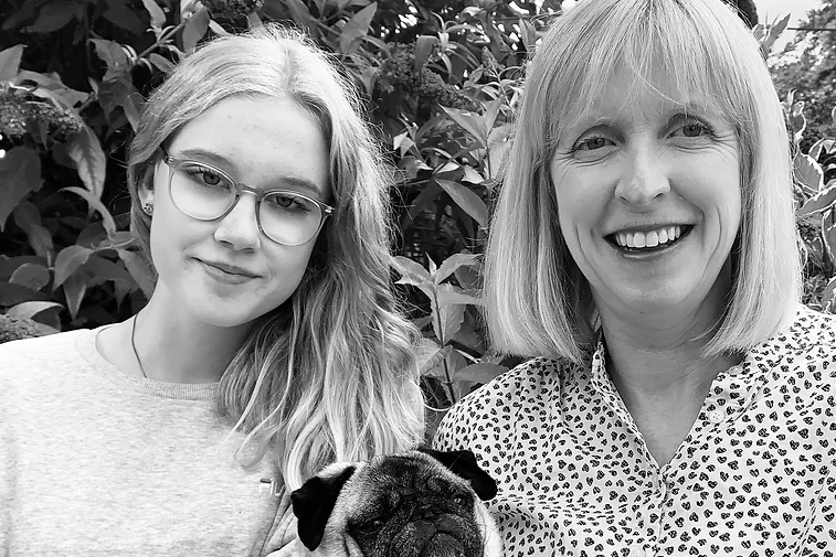 Emma Corner textile designer with daughter and Bee the dog