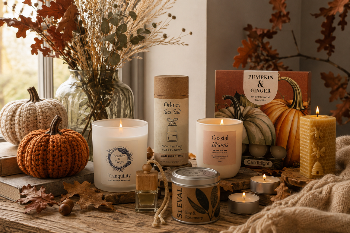 A range of Feather and Twigs Autumn items, candles and pumpkins 