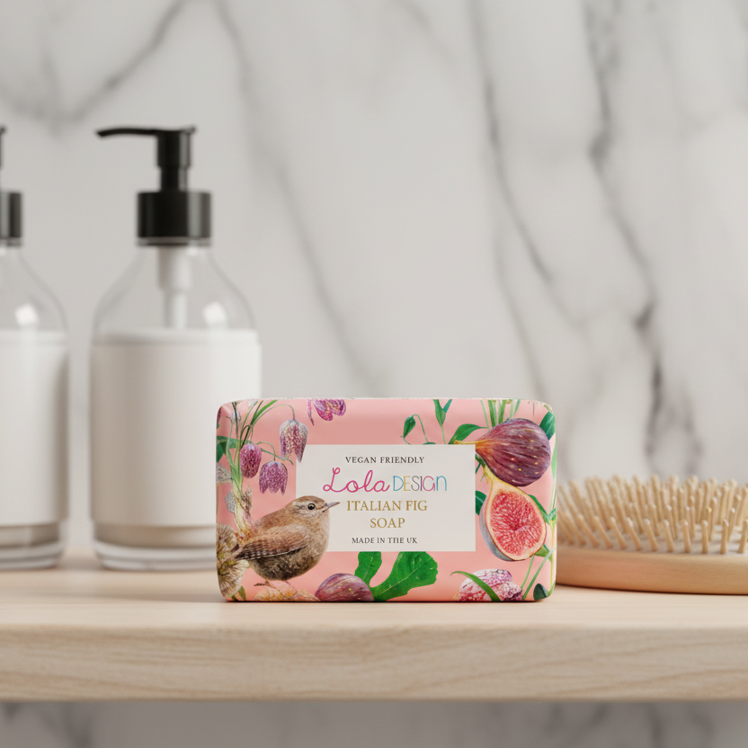Lola Designed soap in pink wren design paper with hand cream in background