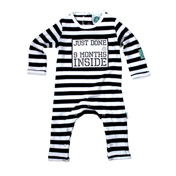 Black and white striped baby romper with text on a white background