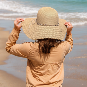 FOLDING WIDE BRIM TRAVEL SUN HAT - DARK BEADED BAND - 57cm