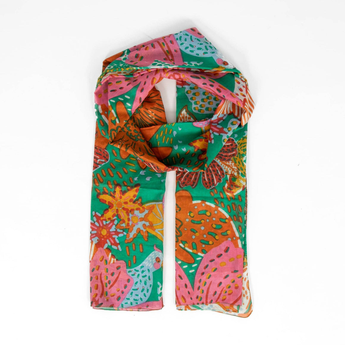 Colorful patterned headscarf on a white background