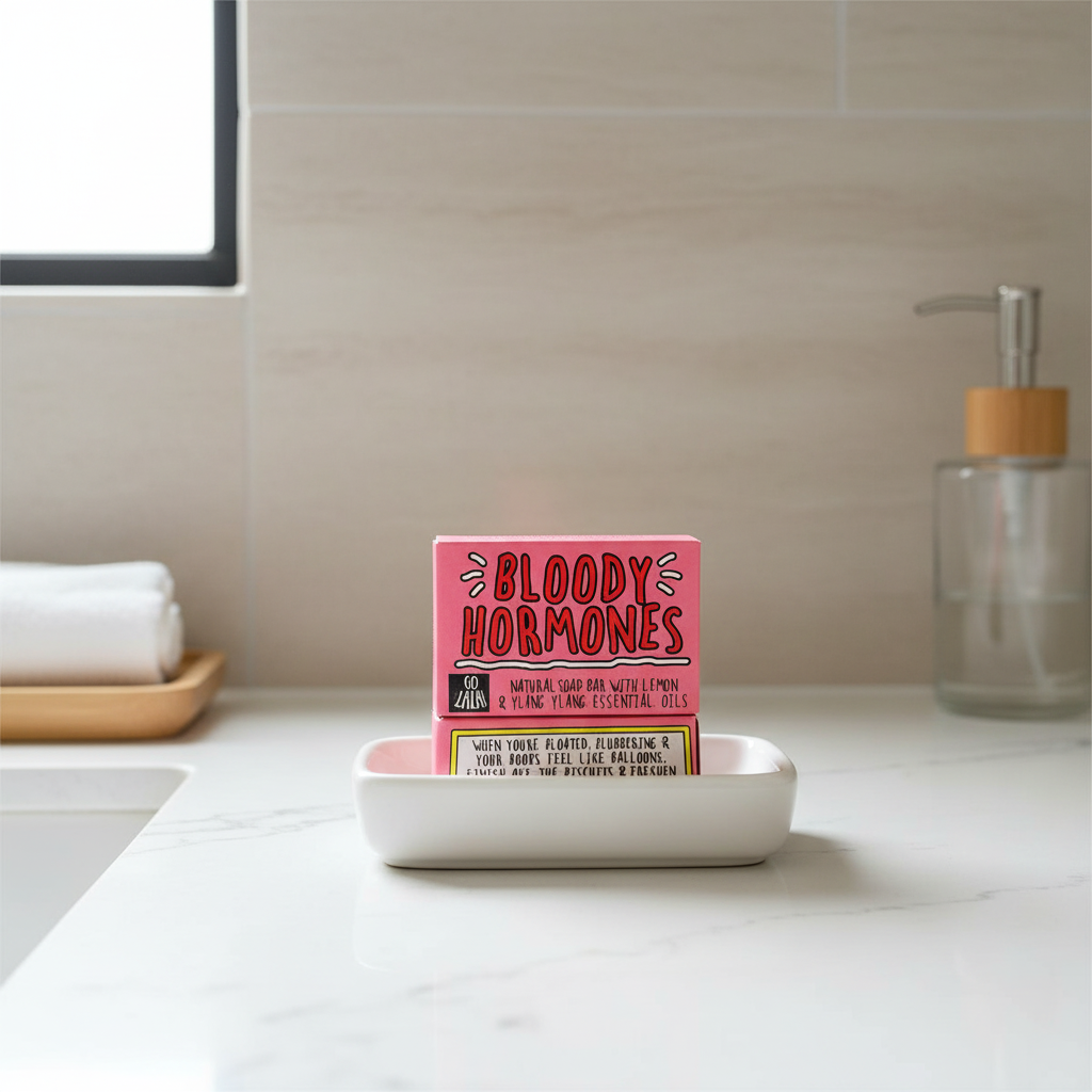 Go La La Bloody Hormones Lemon & Ylang Soap Bar, natural soap with lemon and ylang fragrance, shown in a close-up image.