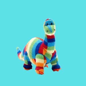 KNITTED DIPLODOCUS DINOSAUR BABY RATTLE - STRIPED