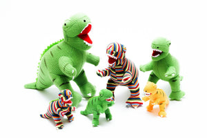 KNITTED STRIPE T REX DINOSAUR BABY RATTLE