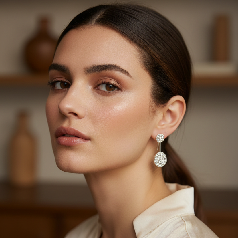 A pair of silver dangle earrings with round, crystal-studded discs, displayed on a rustic wooden block.