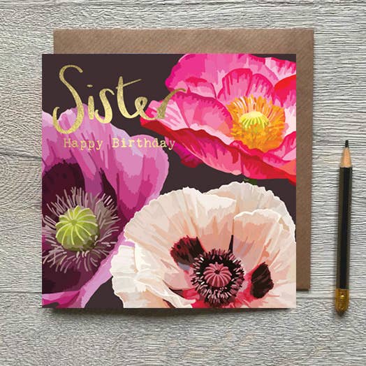 Sarah Kelleher Sister Happy Birthday floral greeting card featuring colorful floral designs on a greeting card.