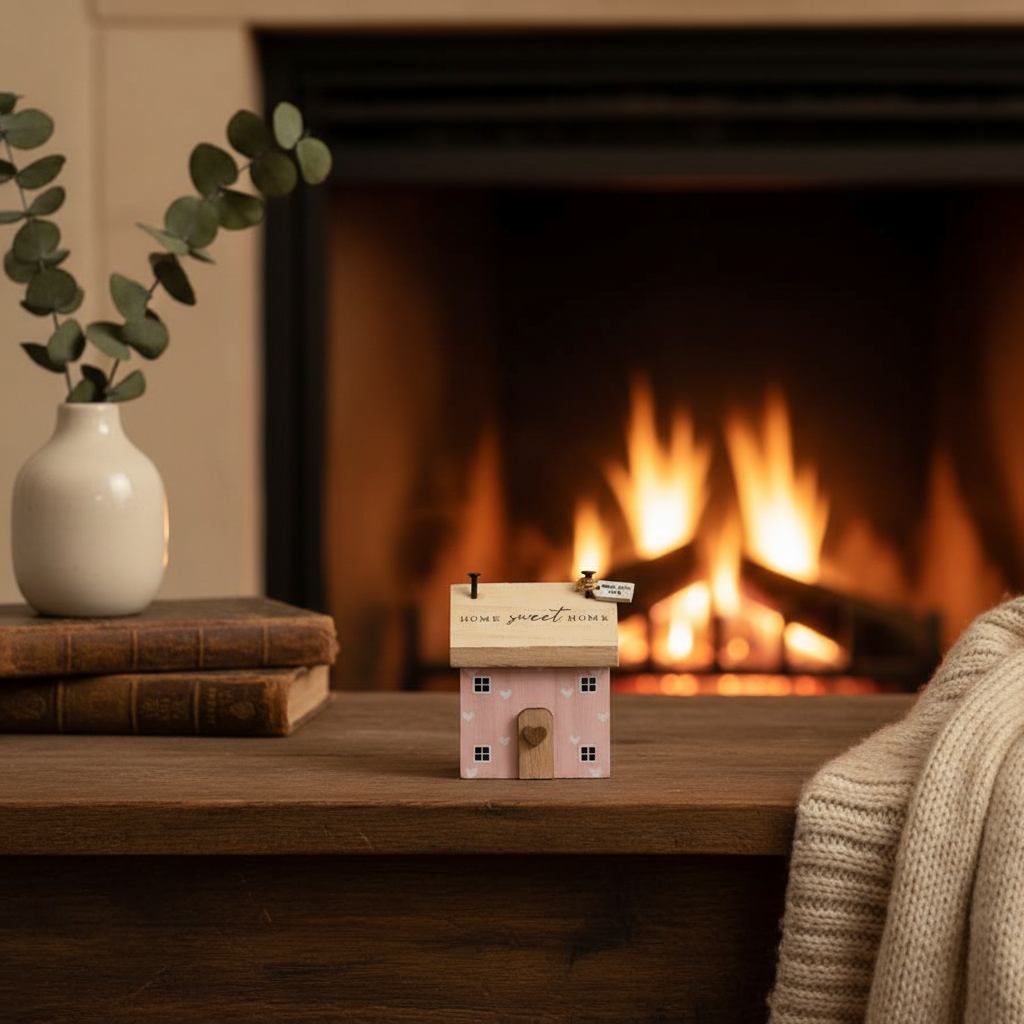 Pink mini house decor featuring "Home Sweet Home" sign, 8.5cm tall, by Gainsborough Giftware x Portland Living.