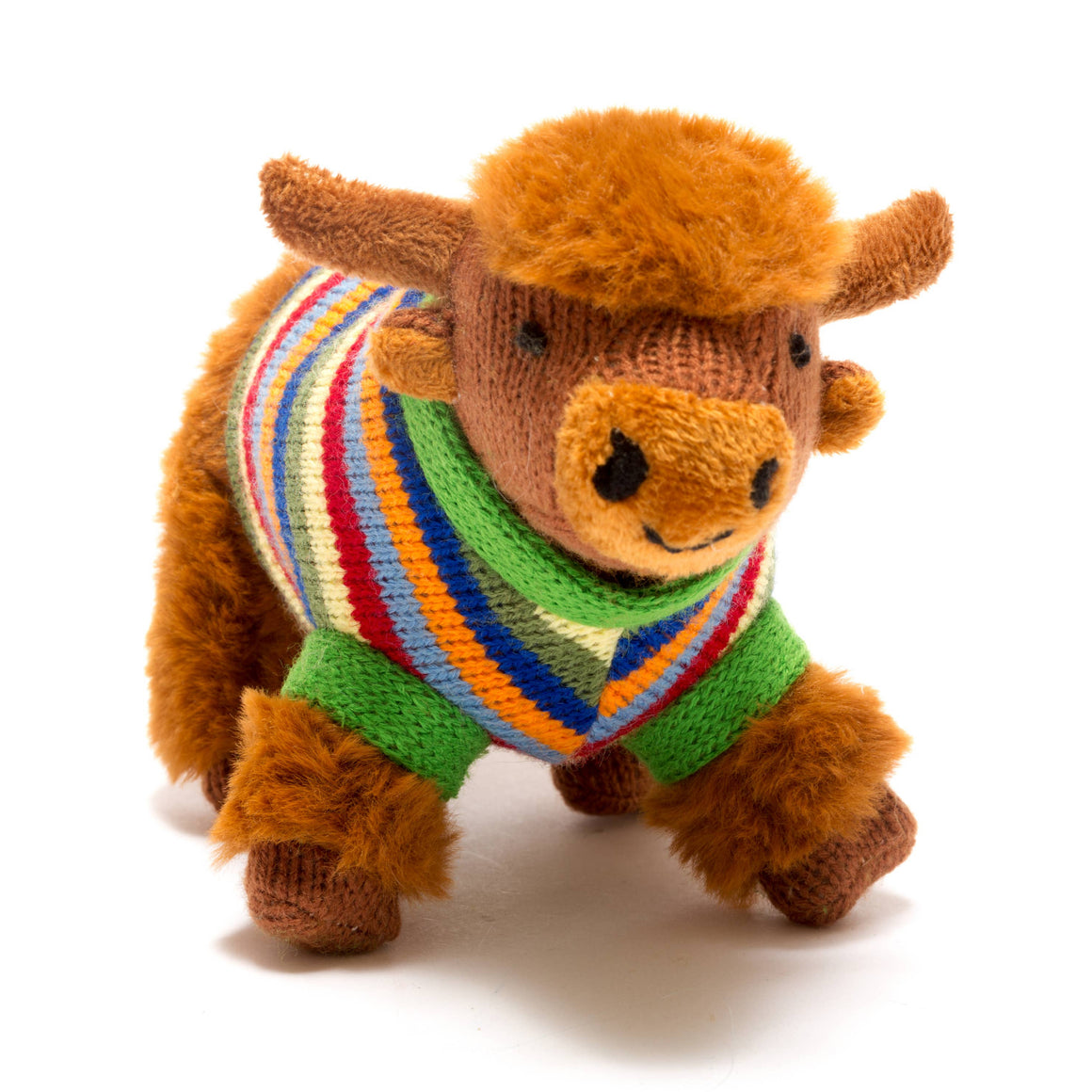 KNITTED HIGHLAND COW BABY RATTLE WITH STRIPE JUMPER