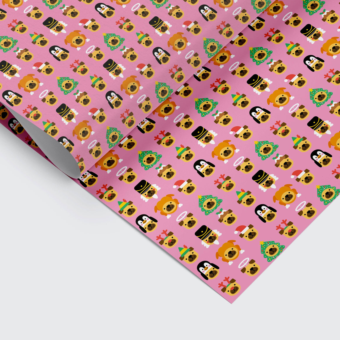 Pink wrapping paper with colorful cartoon-style animal faces on a white background
