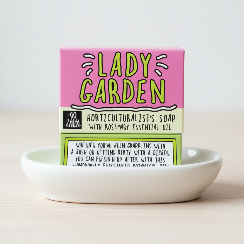 Lady Garden Rosemary Natural Soap Bar by Go La La, showing the soap with fresh rosemary and botanical details.