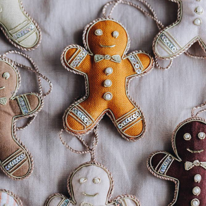 Handmade gingerbread person holiday linen stocking filler Christmas decoration by Katie Larmour Linen