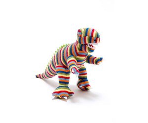 KNITTED STRIPE T REX DINOSAUR BABY RATTLE