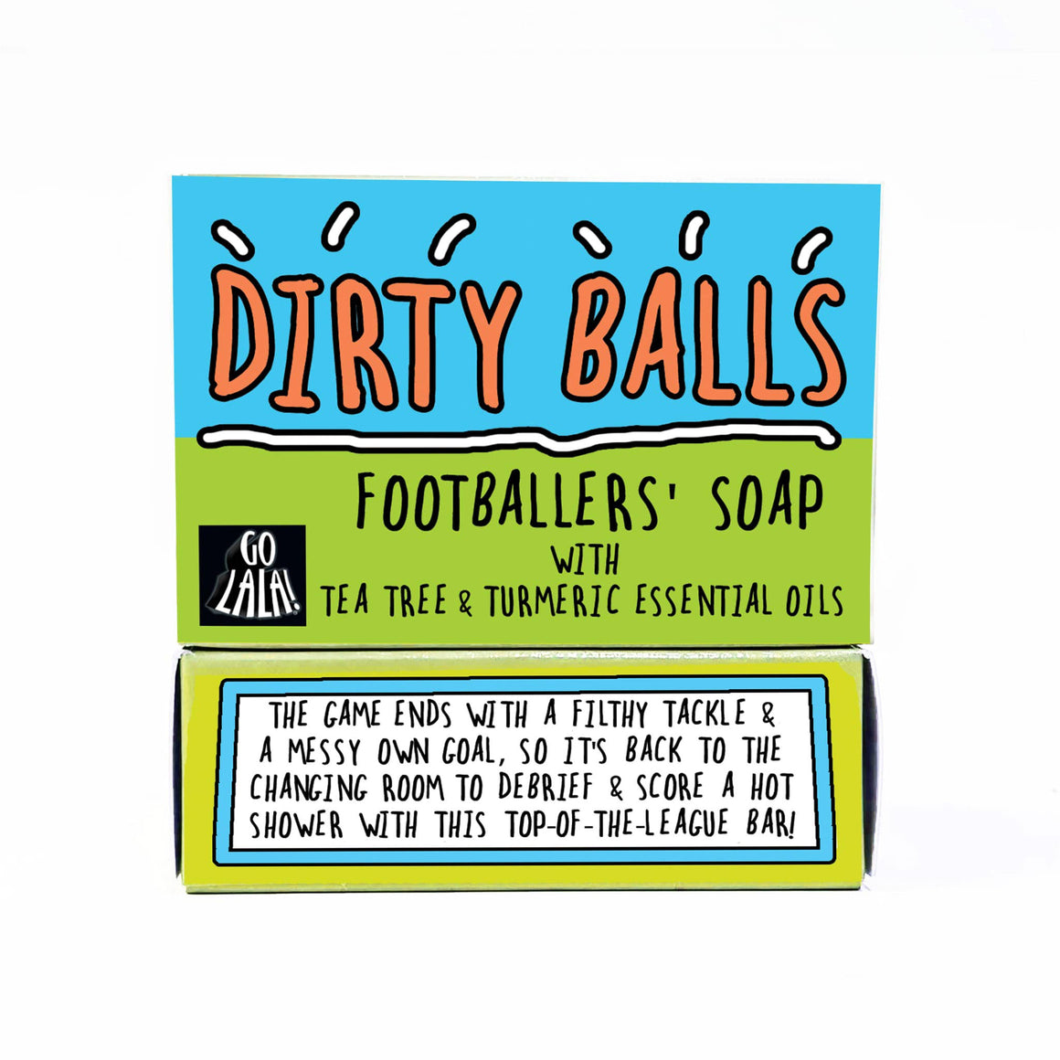 Soap packaging for 'Dirty Balls Footballers' Soap' with branding and product details.