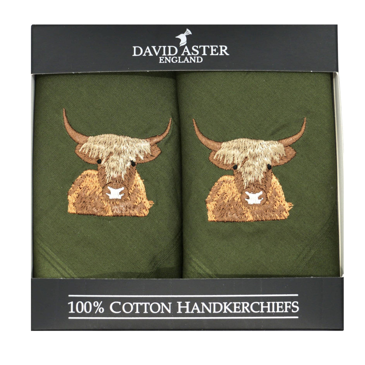 Highland Cow Embroidered Green Cotton Handkerchiefs - Feather & Twigs