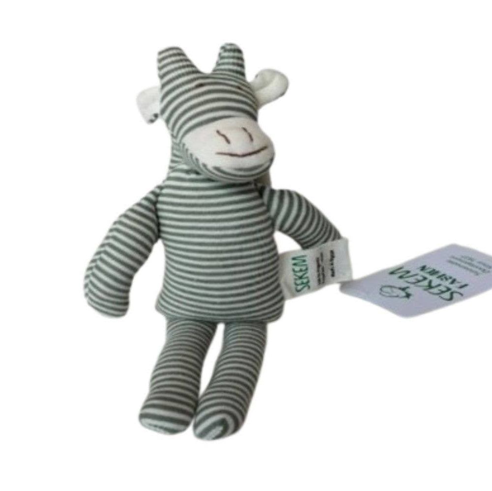 Striped sock monkey toy with a tag on a white background