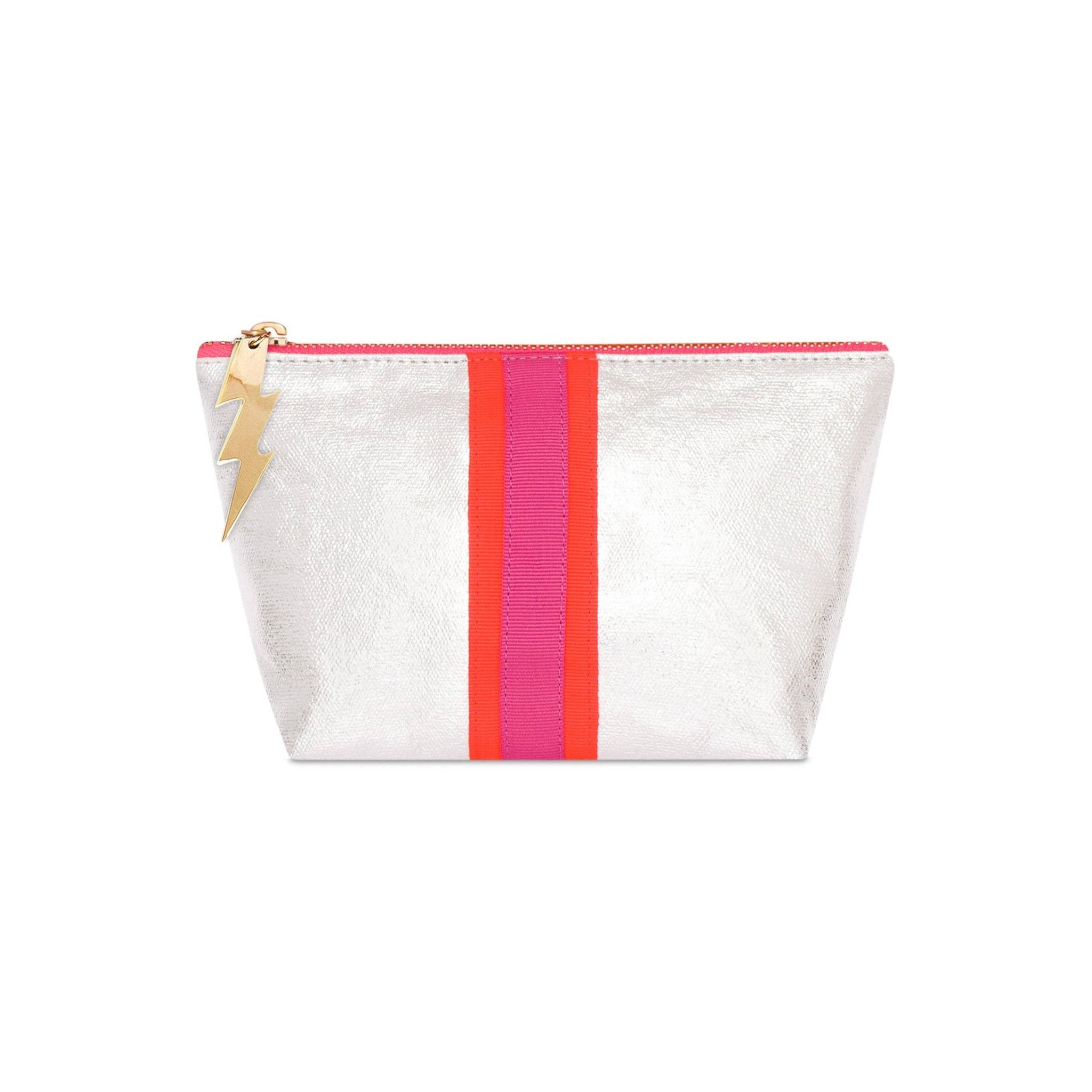 White pouch with pink and red stripes on a white background