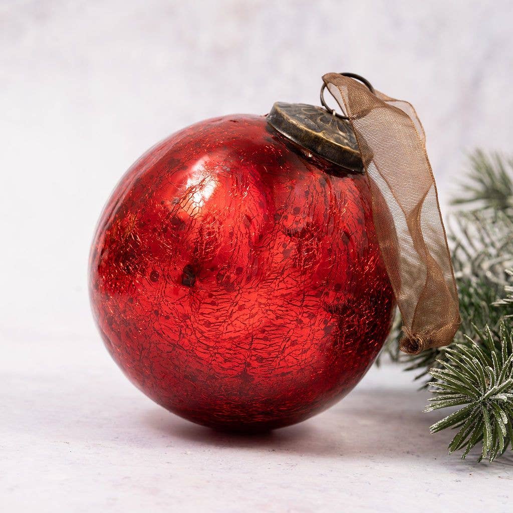 4" EXTRA LARGE RED CRACKLE GLASS CHRISTMAS TREE BAUBLE