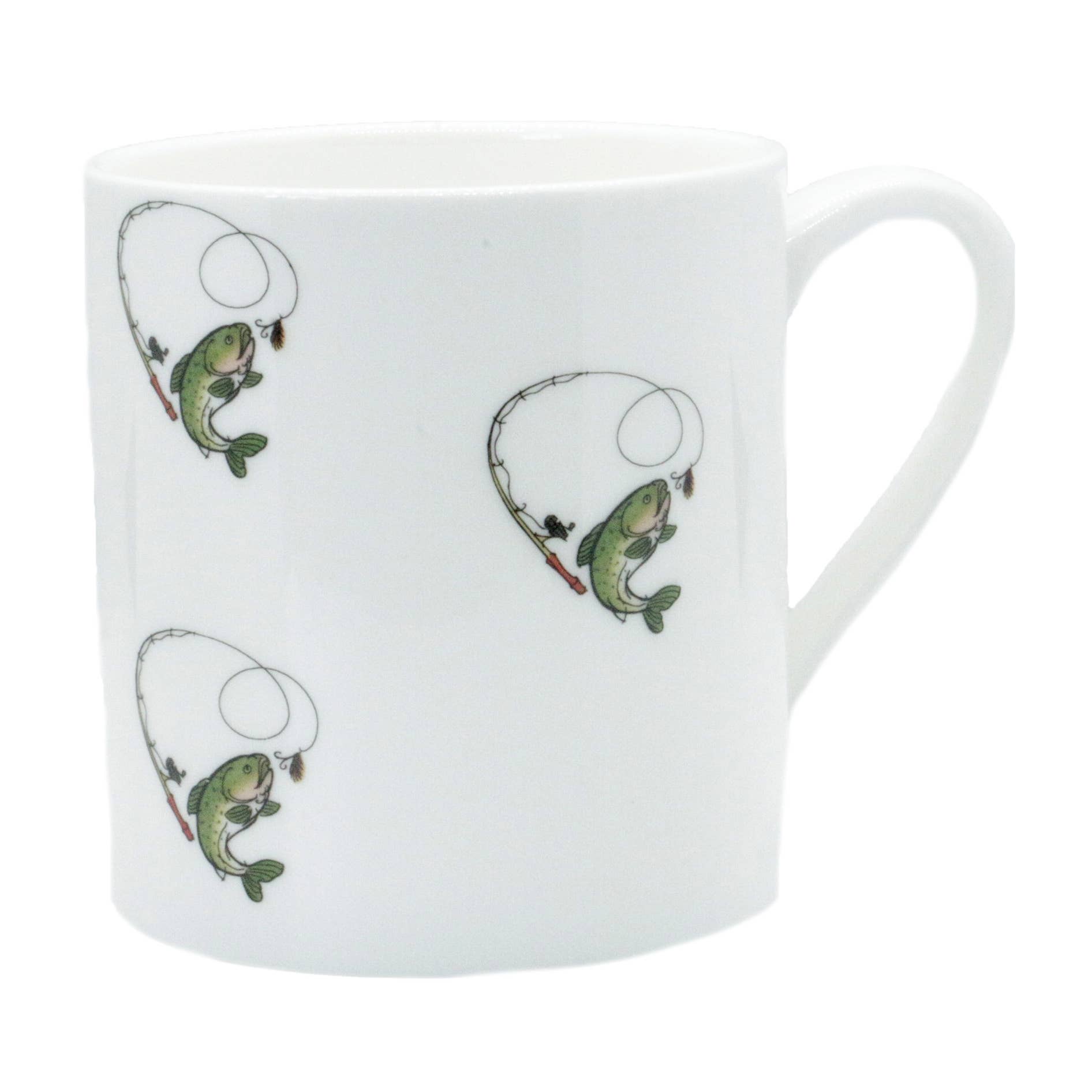 White mug with fishing-themed design featuring fish and hooks on a white background