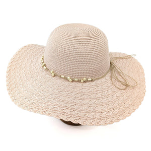 FOLDING WIDE BRIM TRAVEL SUN HAT - PINK BEADED BAND - Up to 57cm