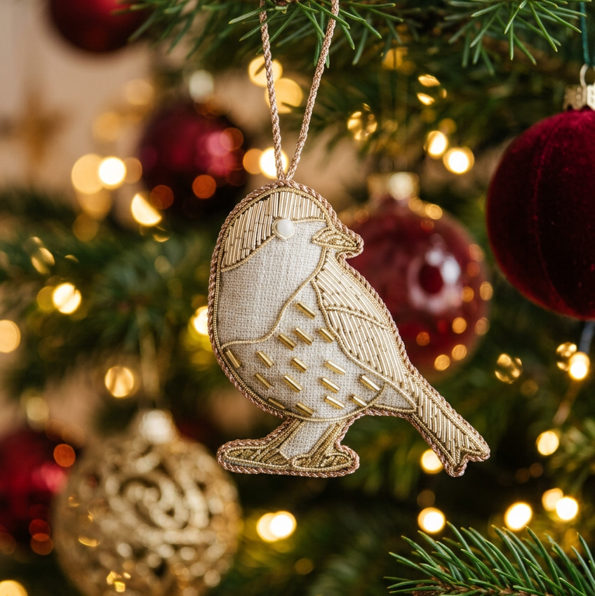Handmade robin Christmas decoration in Irish linen by Katie Larmour Linen