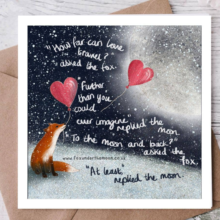Greeting card with fox holding heart-shaped balloons and romantic quote on a snowy background.