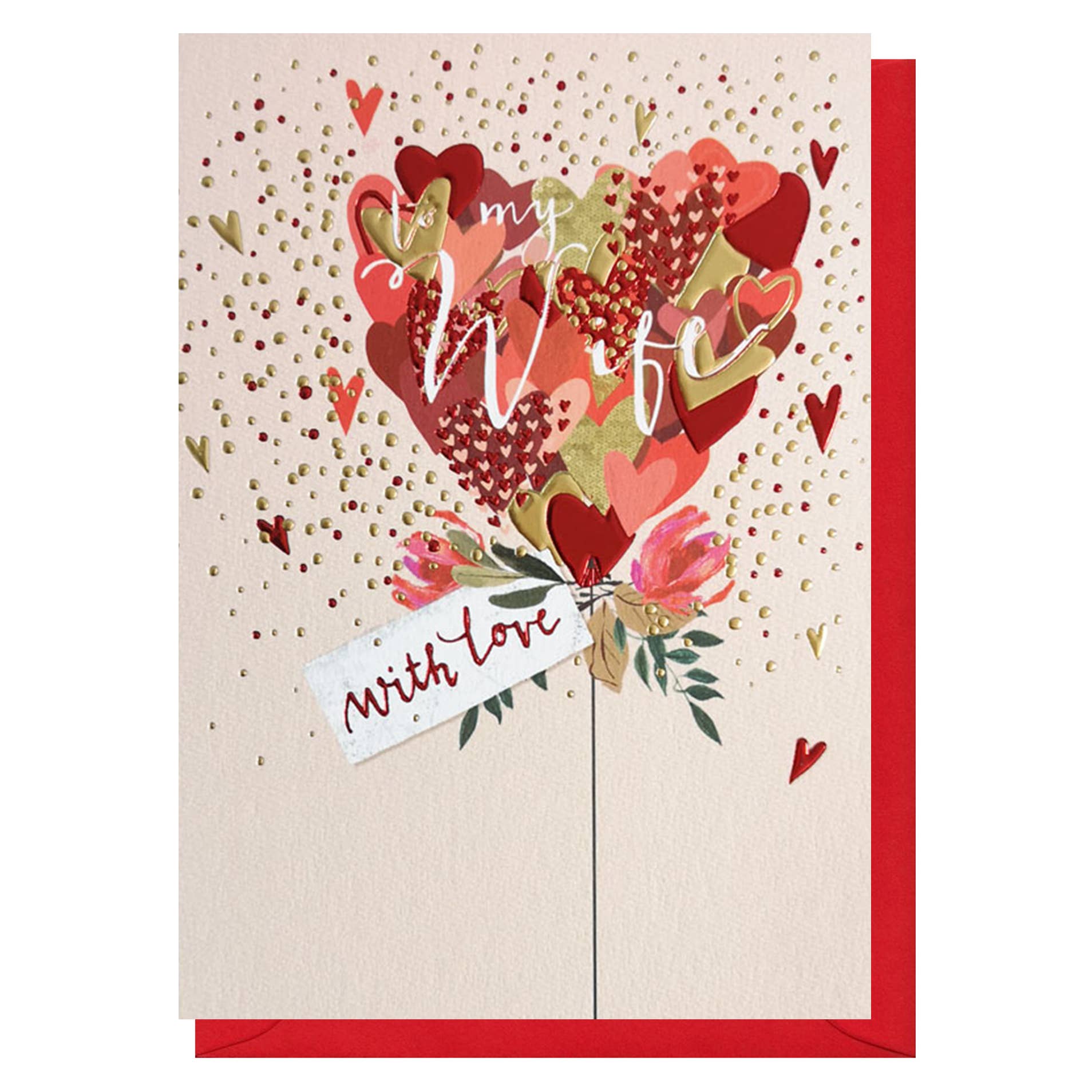 Greeting card with floral design and 'My Wife with Love' text on a beige background