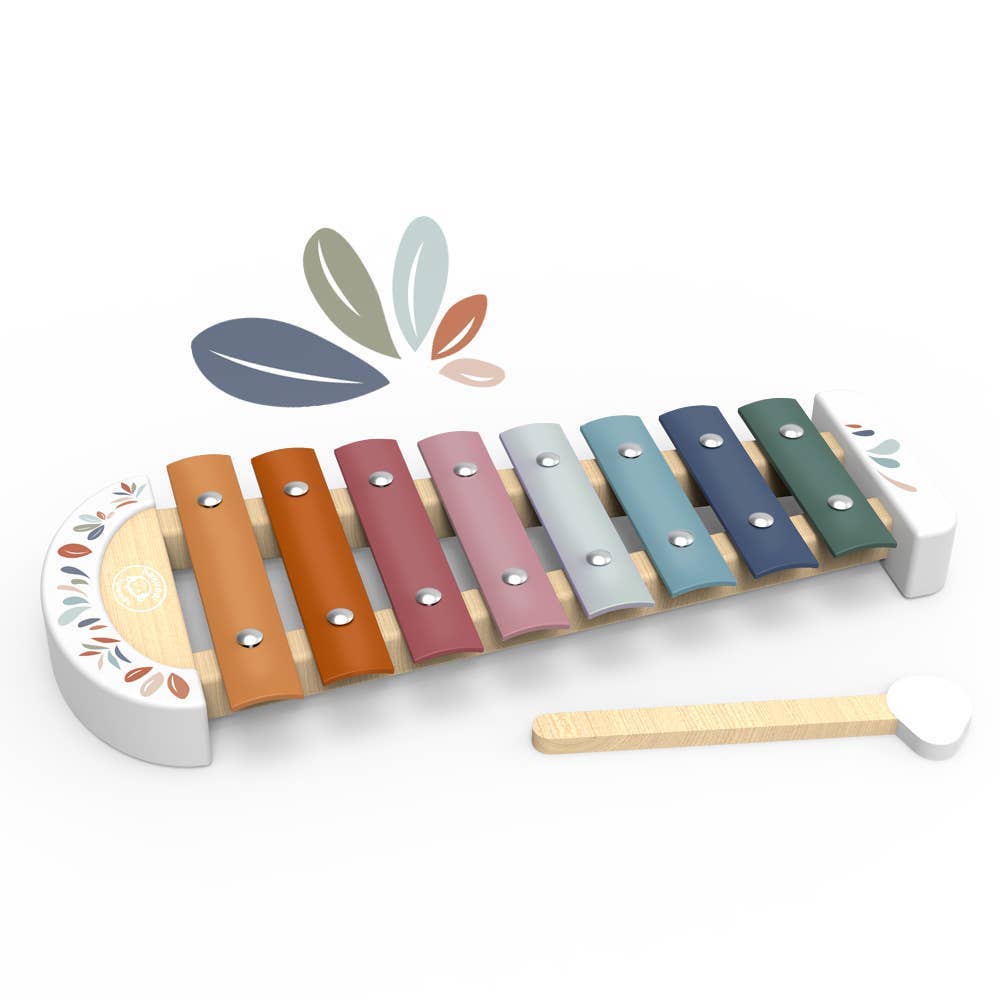 Colorful wooden xylophone with a mallet on a white background