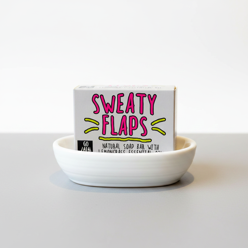 Go La La Sweaty Flaps Lemongrass Soap Bar with fresh lemongrass scent and natural ingredients, shown in a close-up image.