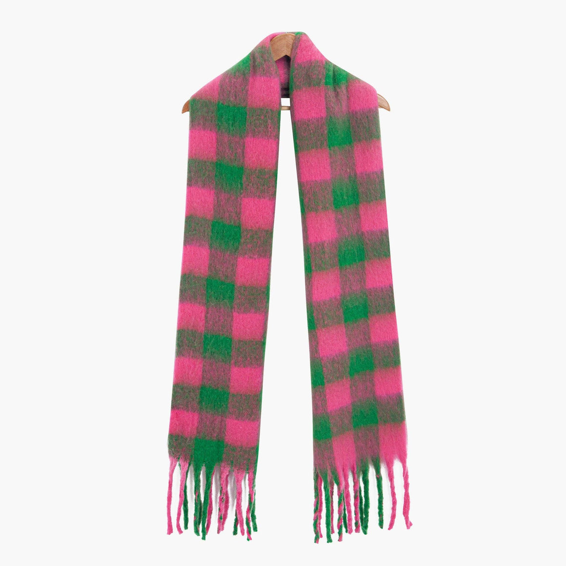 Plaid scarf with pink and green colors on a white background