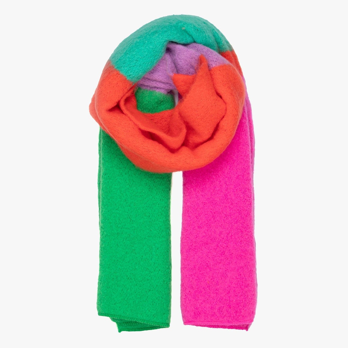 Colorful scarf with green, orange, purple, and pink sections on a white background