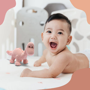 KNITTED ORGANIC COTTON PINK DIPLODOCUS DINOSAUR RATTLE