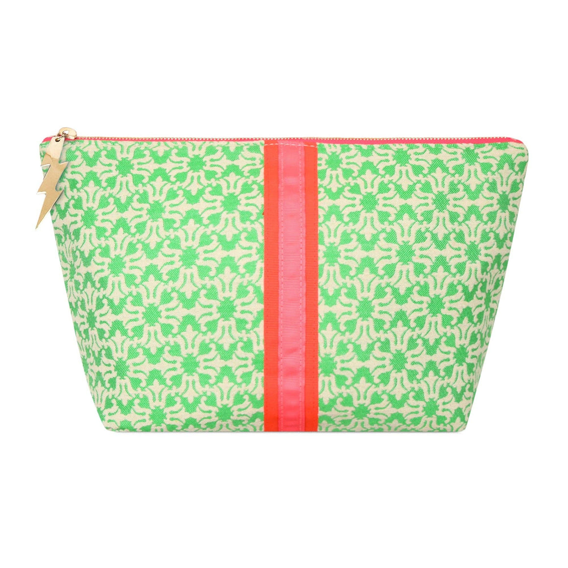 Green and beige patterned pouch with a red zipper on a white background