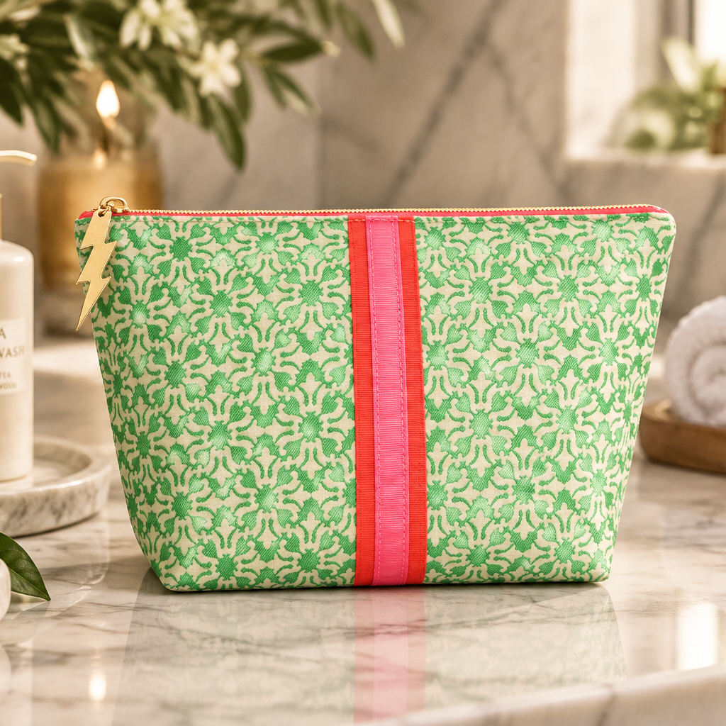 Large green and cream Cockatoo washbag, elegant multi-use pouch with spacious interior and stylish design for travel and organization.