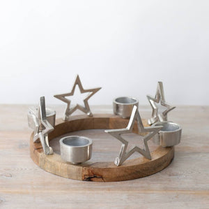 WOODEN RING WITH STAR AND TEA LIGHT HOLDER 25CM