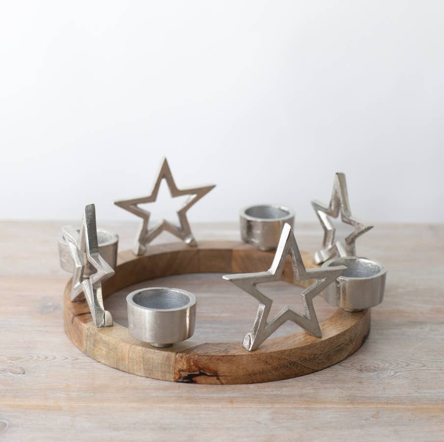 WOODEN RING WITH STAR AND TEA LIGHT HOLDER 25CM