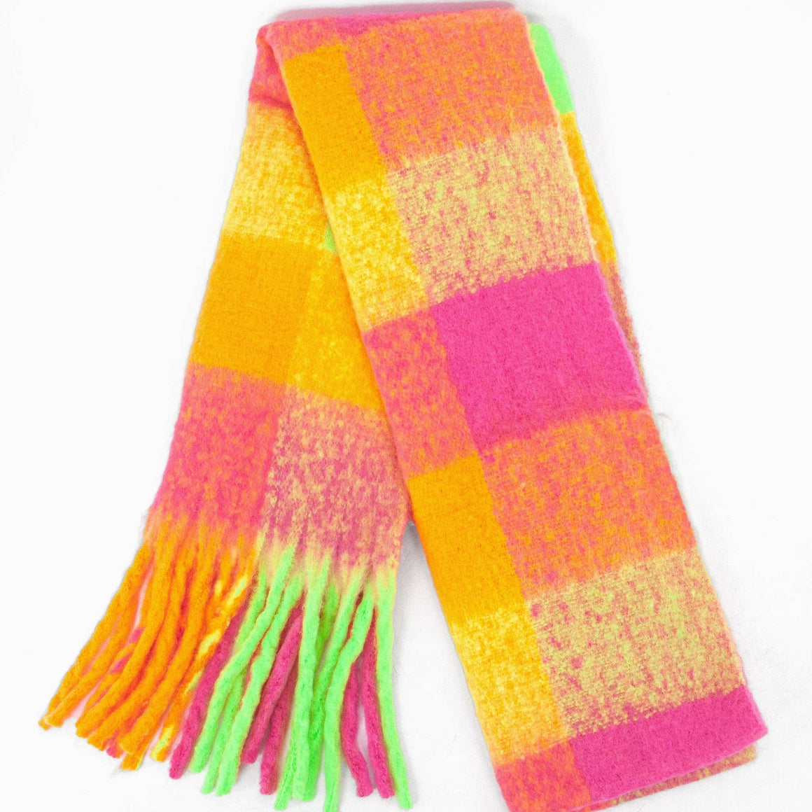 Colorful striped scarf with tassels on a white background