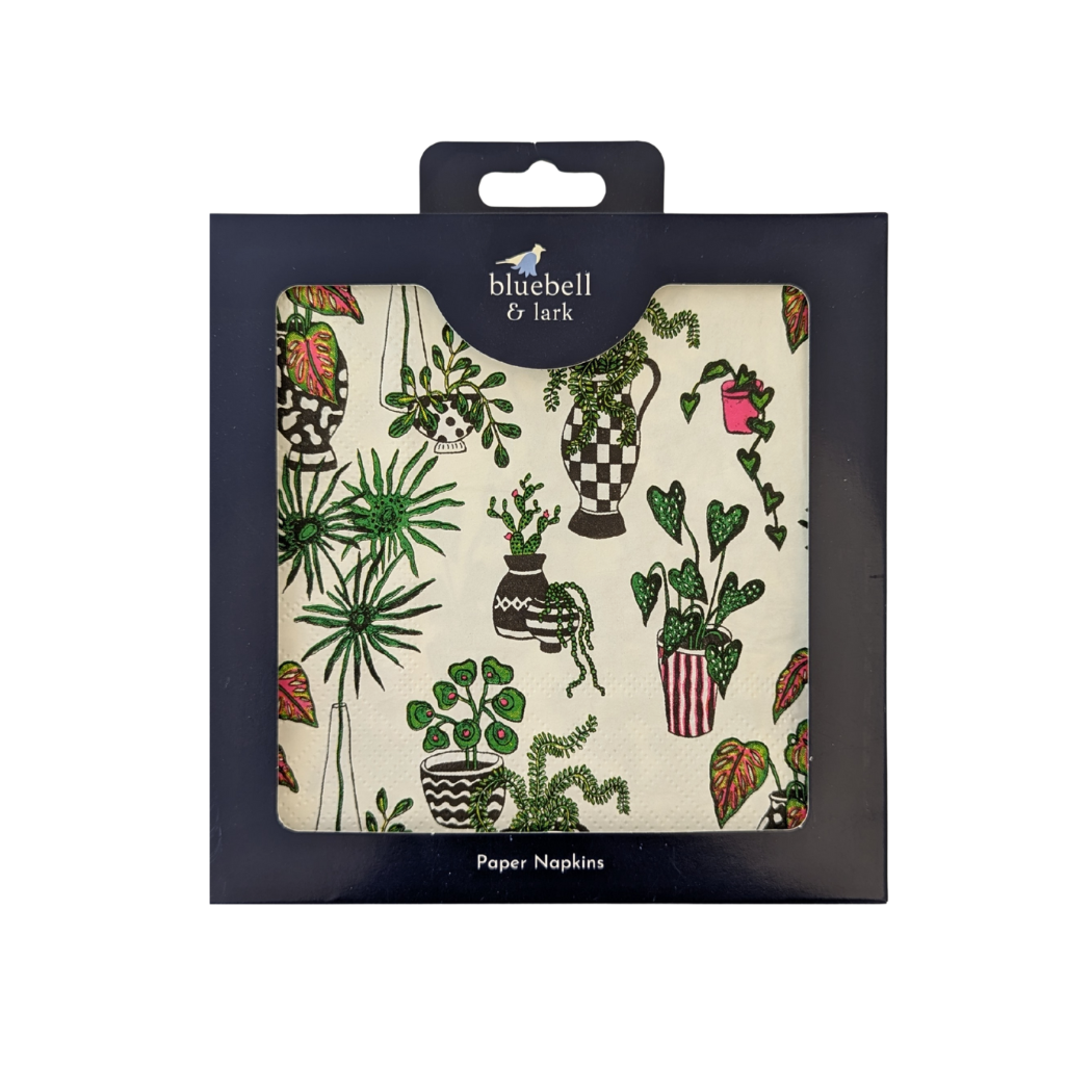 Bluebell and Lark house plant paper napkins with green leafy botanical print, eco-friendly and decorative for table settings