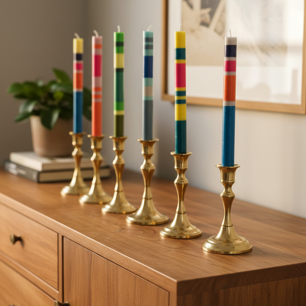 Set of six British Colour Standard candles in green, pink, and blue striped design, perfect for decorative or ambient lighting.