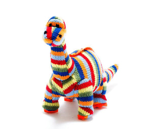 KNITTED DIPLODOCUS DINOSAUR BABY RATTLE RAINBOW STRIPES