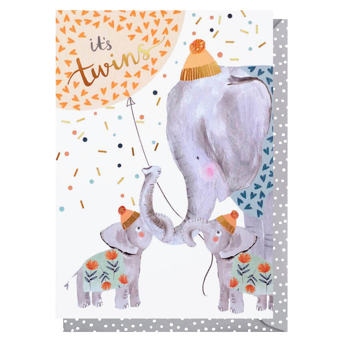 Card with illustrations of elephants and a balloon, featuring the text 'it's twin'.