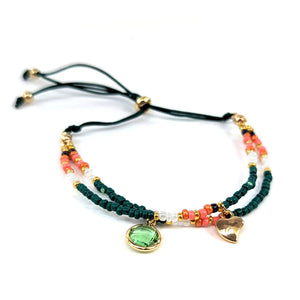 ADJUSTABLE DOUBLE SEEDED BEAD BRACELET - GREENS