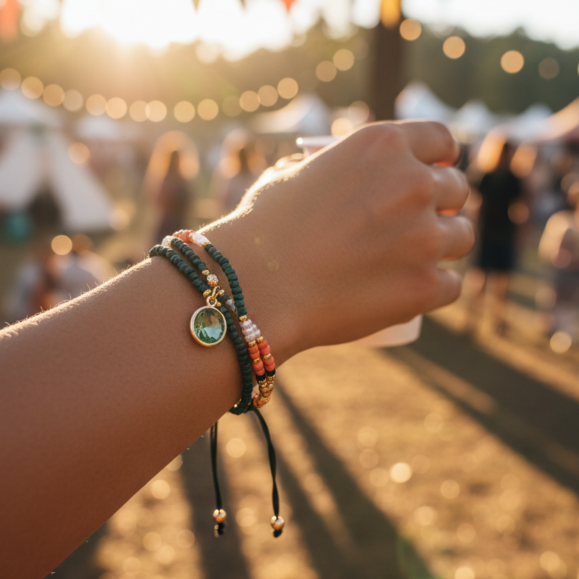 A close-up of a person's wrist wearing three beaded bracelets and a charm bracelet, photographed outdoors at a festival or market with warm sunset lighting and a blurred background.