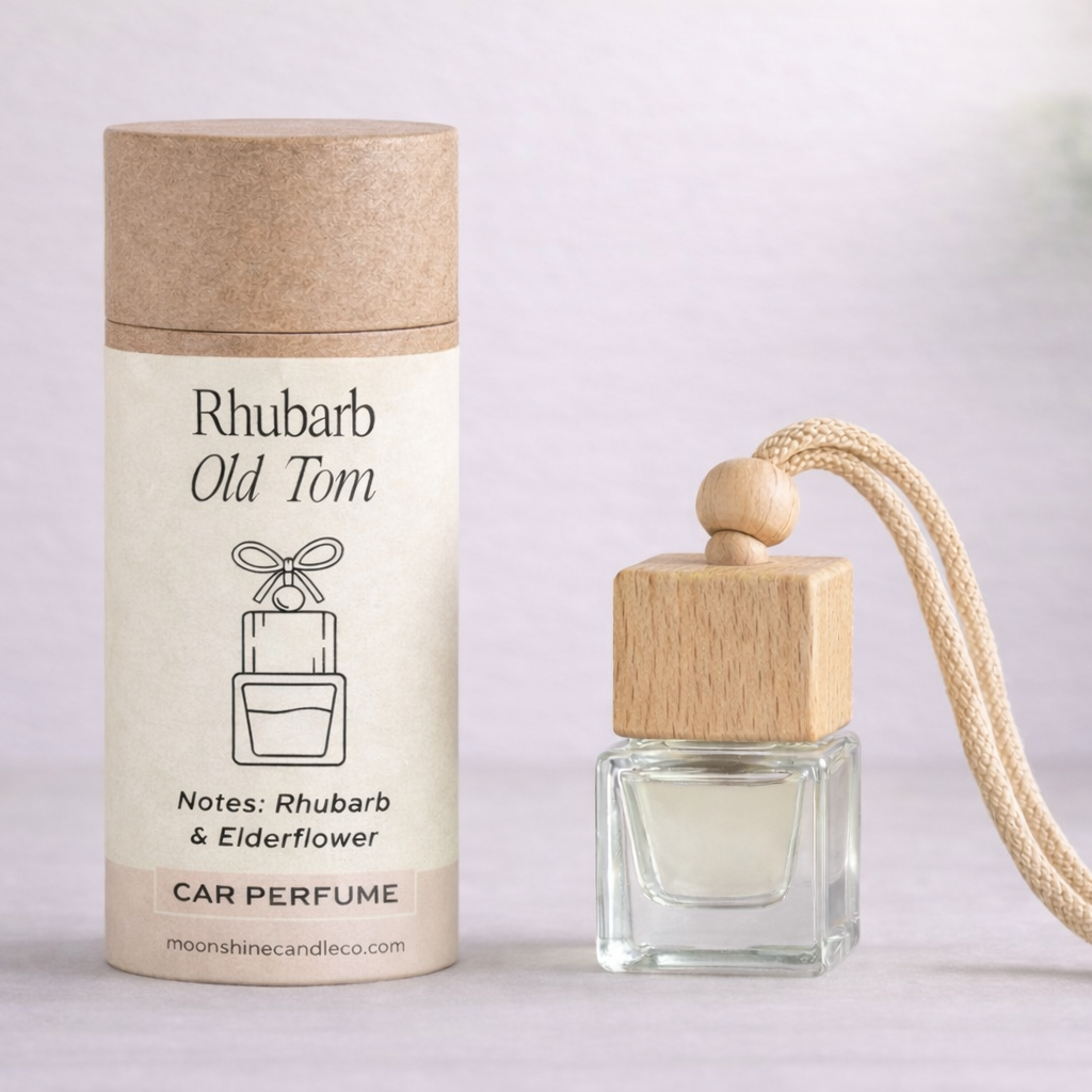 Car perfume with wooden cap and packaging on a light background