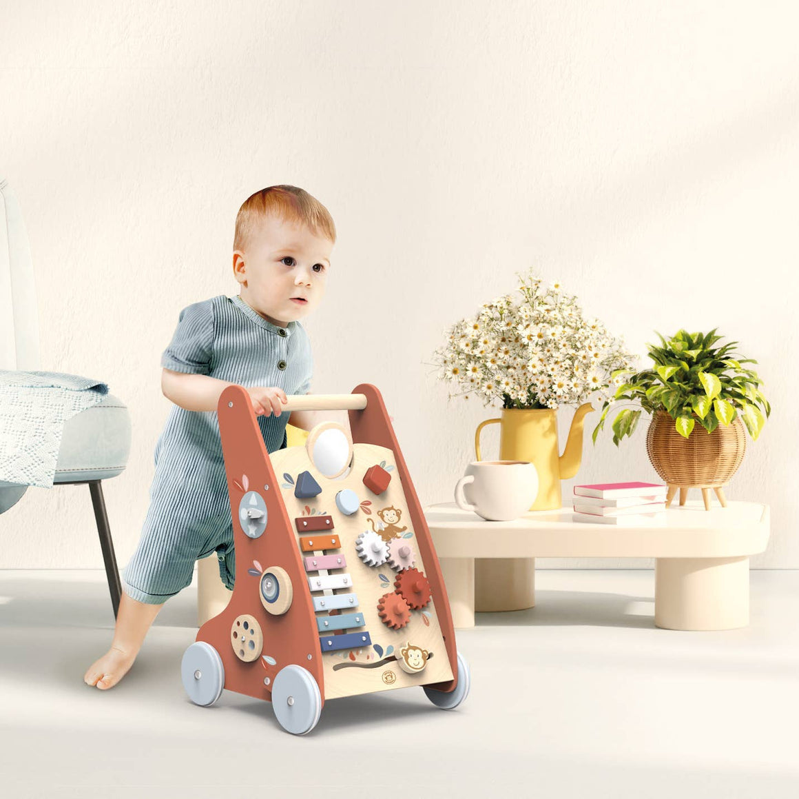Wooden multi-activity toddler walker with colorful toys and sturdy handles, designed for young children by BTL Diffusion UK LTD.