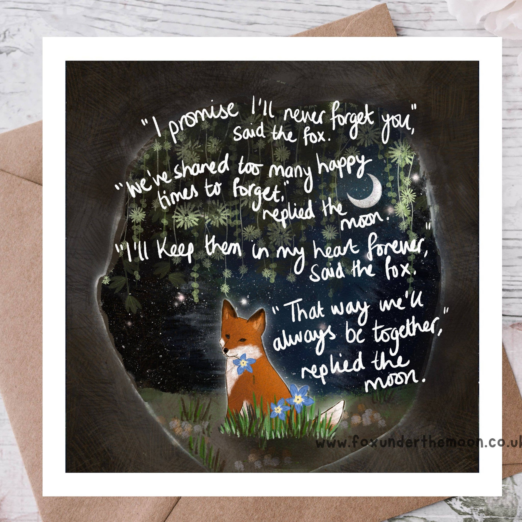"Forget-Me-Not" Sympathy & Remembrance Card Fox Under The Mo - Feather & Twigs