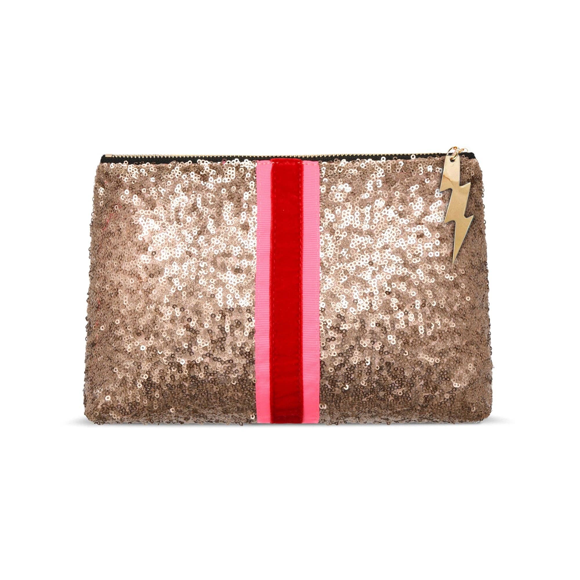 Glittery pouch with a red stripe and gold lightning bolt on a white background